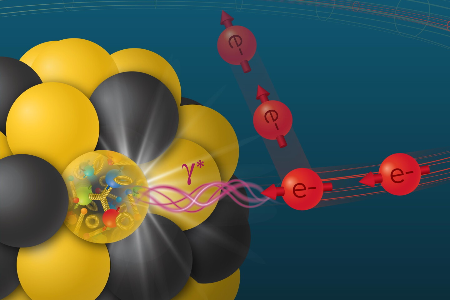 An artist's concept of freed electrons slamming into an atom's nucleus
