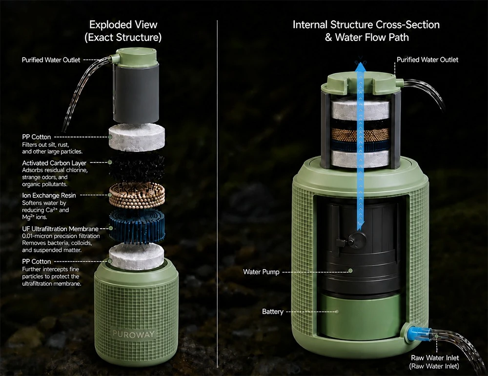 The Puroway features a layered filtration system to effectively trap debris, bacteria, and odors before it's pumped out through its spout