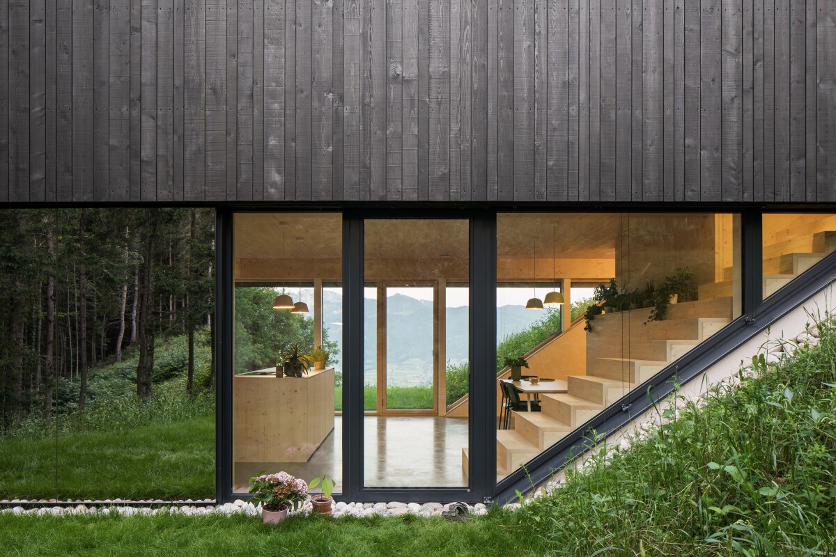 The Mountain House occupies a sloping plot of land in Upper Austria, with thick forest to one side and expansive valley views on the other