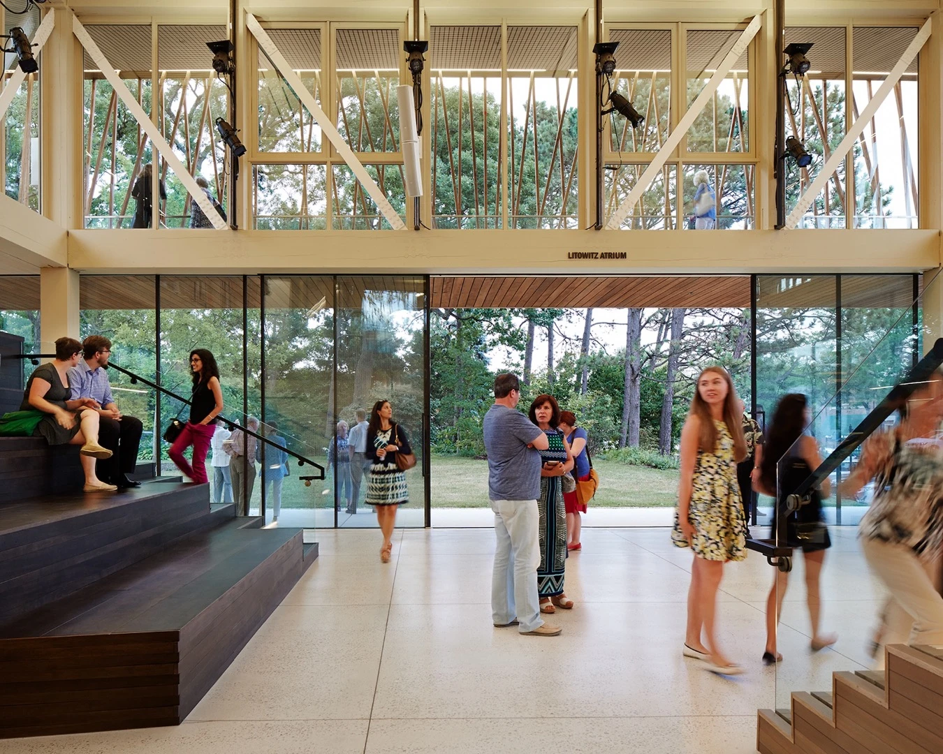 The Writers Theatre's transparent exterior features sliding glass doors that can be opened for outdoor performances and festivals