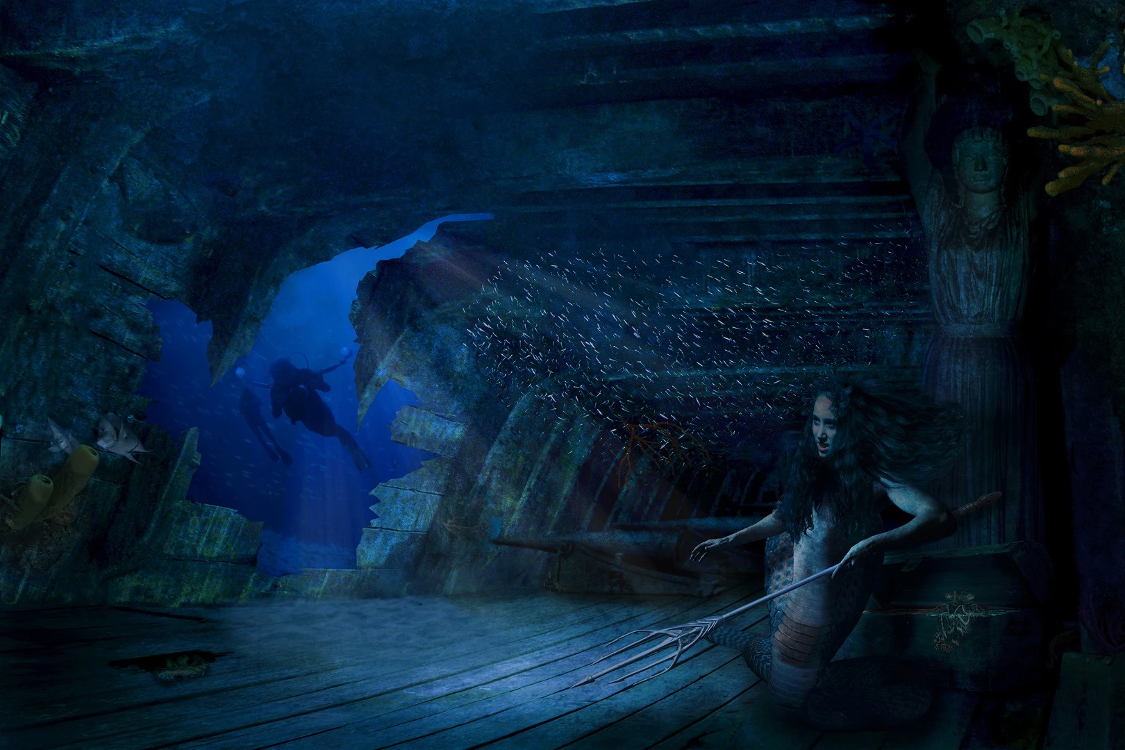 4th Place in the Underwater Art category. 30 to 40 different shots woven together to create a unique and strange narrative photograph entitled Treasure Hunters