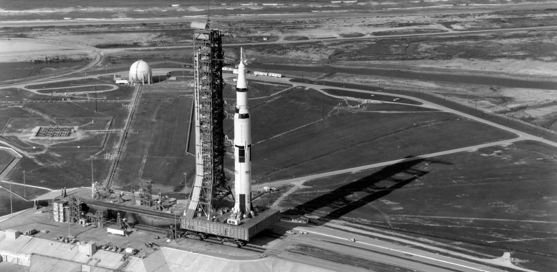 The Apollo 11 Saturn V nears the end of its trip to the launchpad