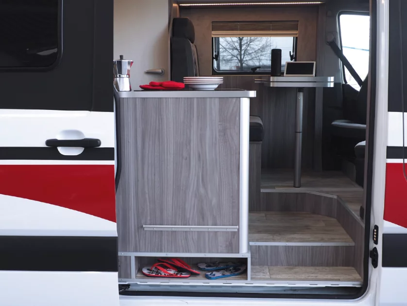 The CL1 has a series of steps inside and up to the dinette