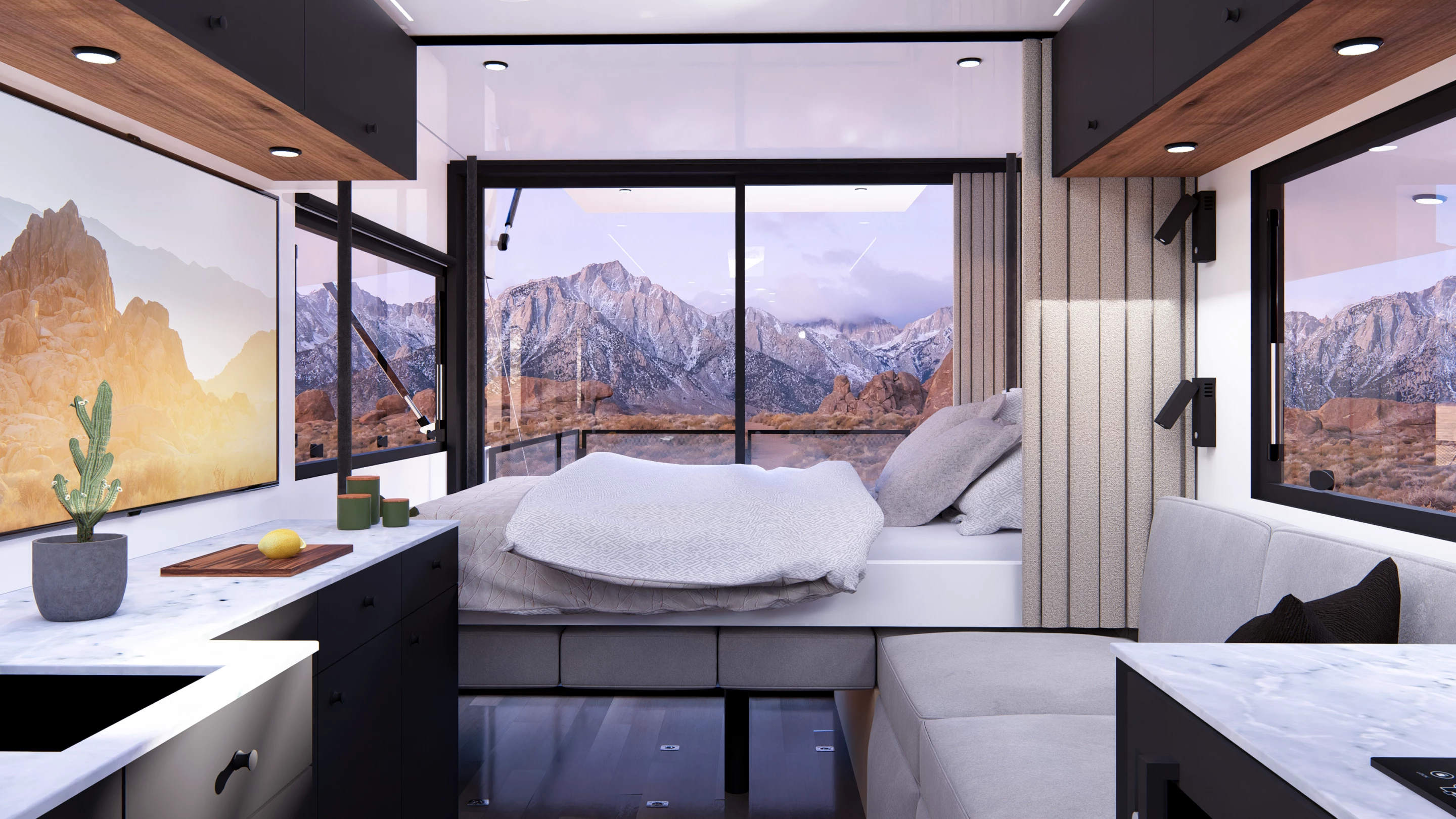 Living Vehicle adds in several folding and lifting beds to offer enough sleeping space for up to four adults and one child