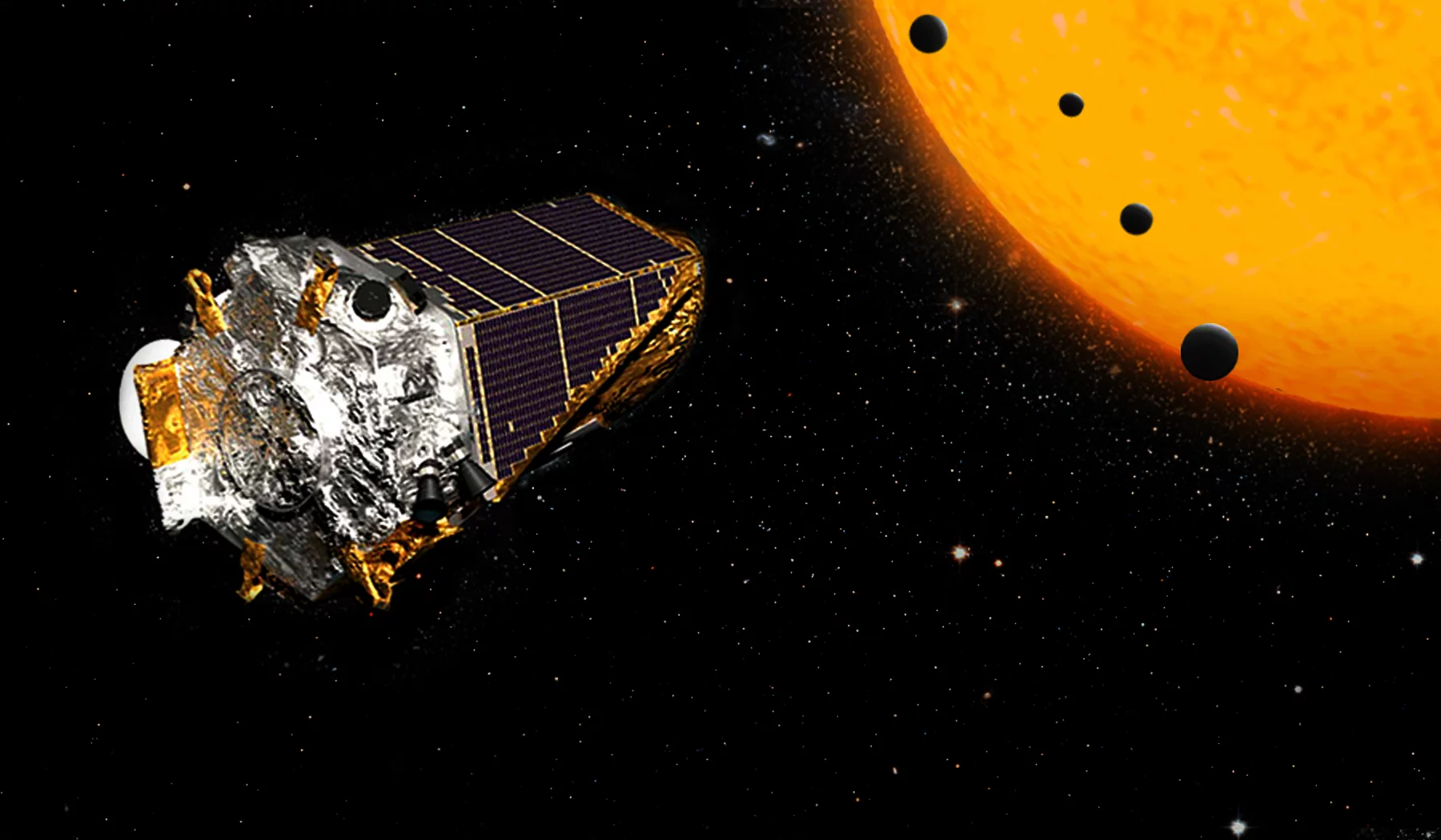 Artists impression of the Kepler Space Telescope observing exoplanets as they pass across the face of their parent star