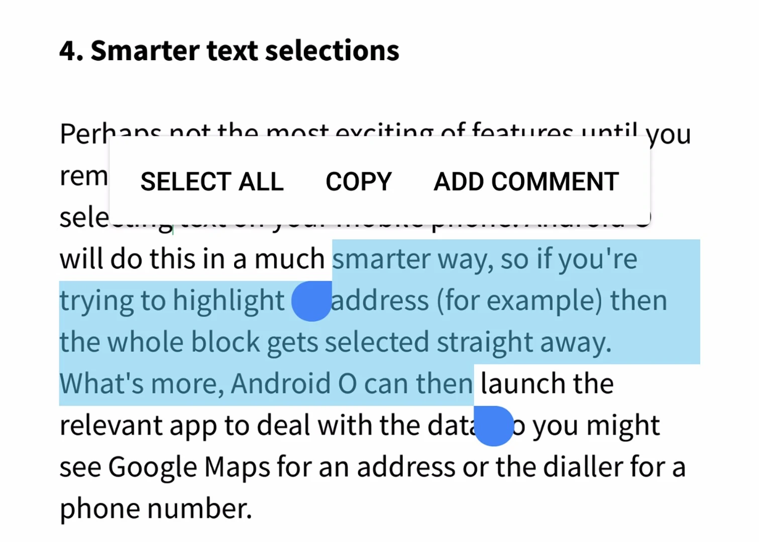 Android O will make selecting and using text much easier
