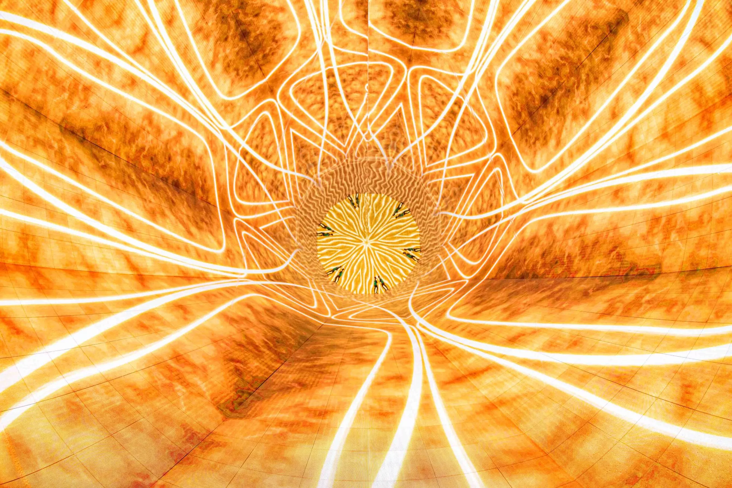 LED panels on the floor and walls are reflected by seamless mirrors