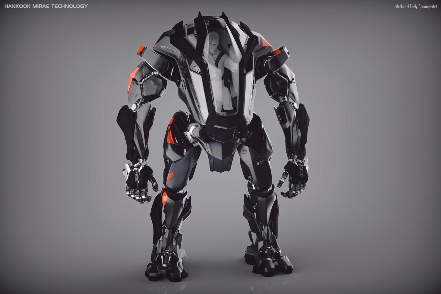 Early concept art for the Method-1 robot: wider-set hips create too much sway motion when the mech is walking - the pilot would get seasick