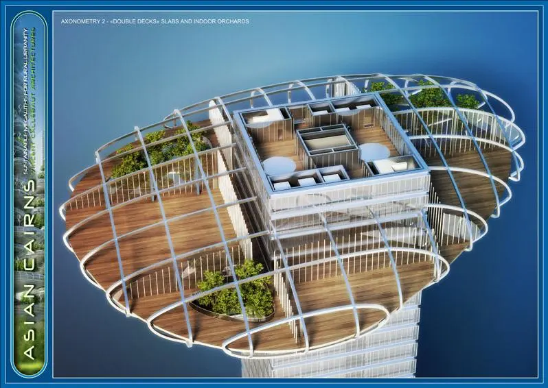 The plans call for the "pebbles" to be divided into multiple floors and shaped by concentric steel rings, which connect to the center tower through Vierendeel beams