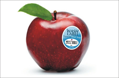 Fruitwash labels dissolve into organic fruit soap (image: Amron Exptl.)