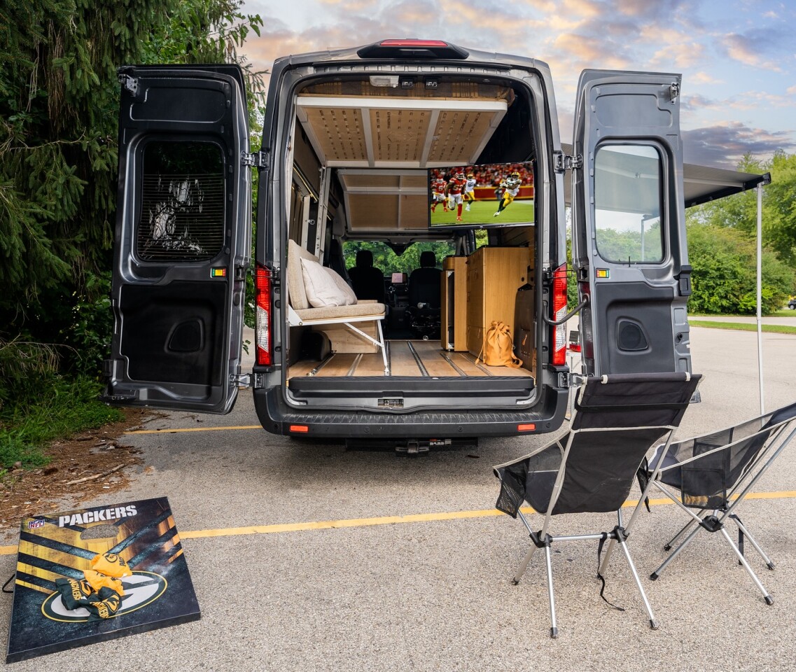 The rear-mounted swivel TV and outdoor-capable kitchen makes the 365 a natural tailgate machine