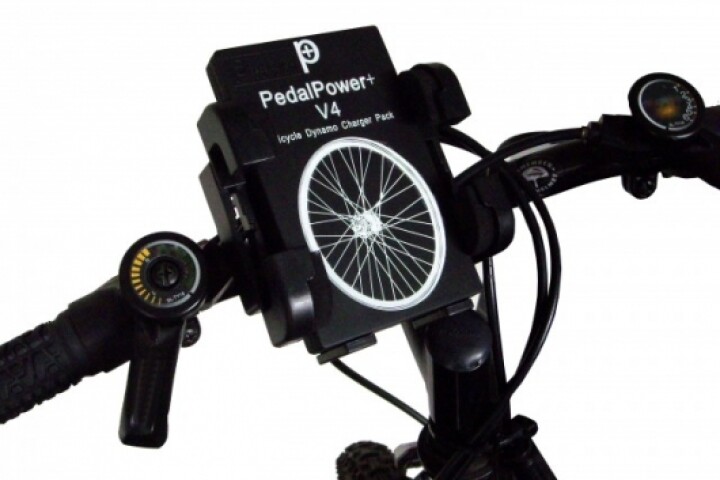 The heart of the PedalPower+ system, the V4 charging unit mounted on the handlebars