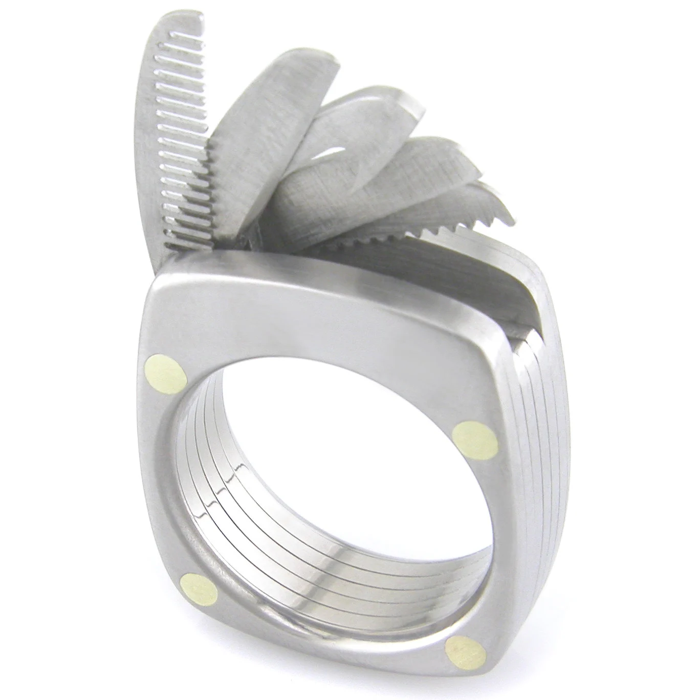 The Titanium Utility Ring incorporates five tiny folding tools