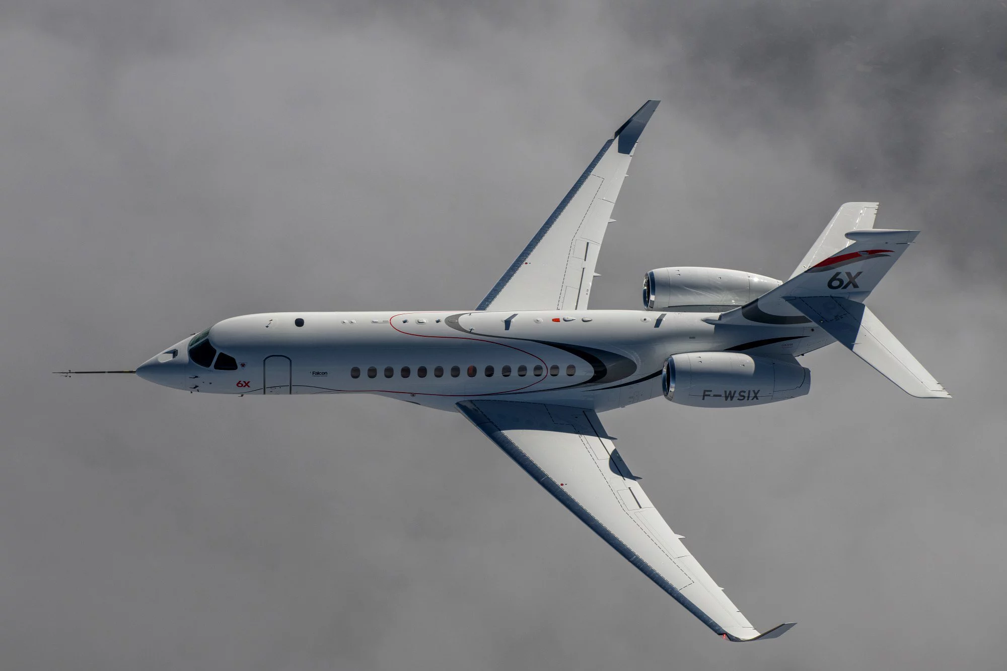 Falcon 6X as seen from the chase plane