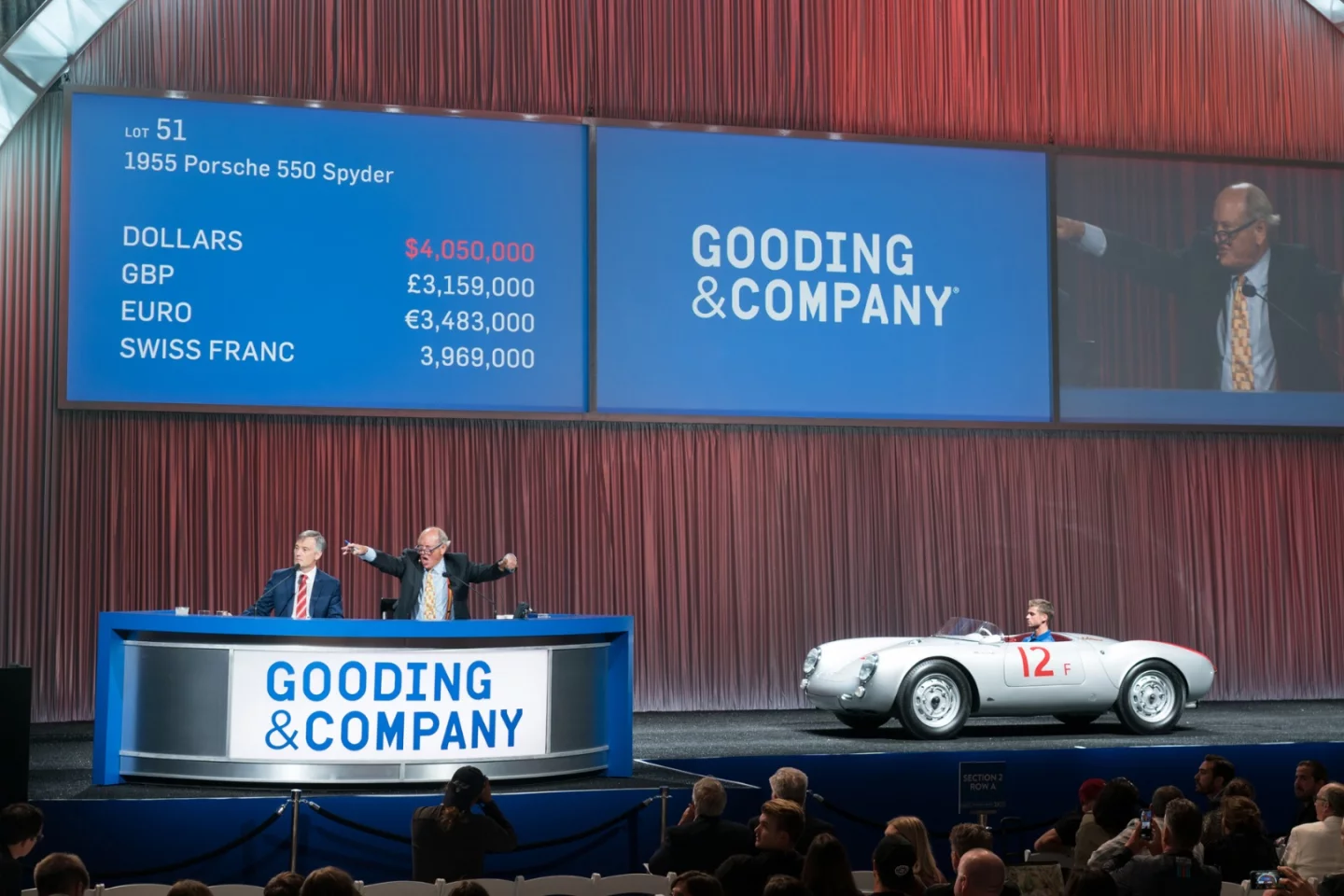 2018 Monterey Car Week Auction Report | An early example of the Porsche 550 Spyder comes with extensive documentation from new, including numerous original racing photographs, full period service records and and even period video footage. | Sold for: $4,455,000 | Estimate: from $4,000,000 to $5,000,000 | Auction: Gooding & Co | Lot 051 | Official Description