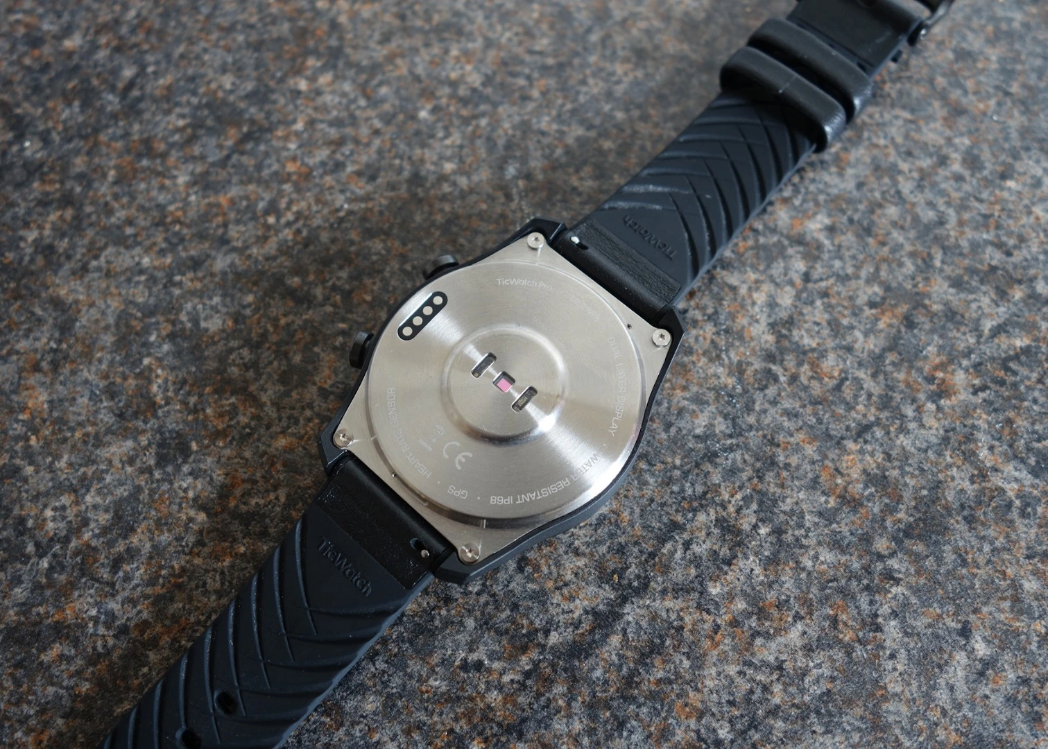 Around the back of the Ticwatch Pro are the charging points and the heart rate sensor
