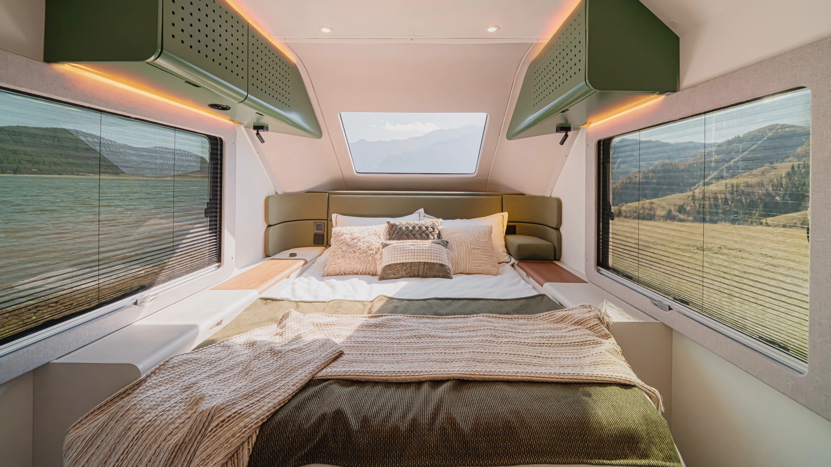 The front master bedroom with queen bed and optional electrochromic skylight