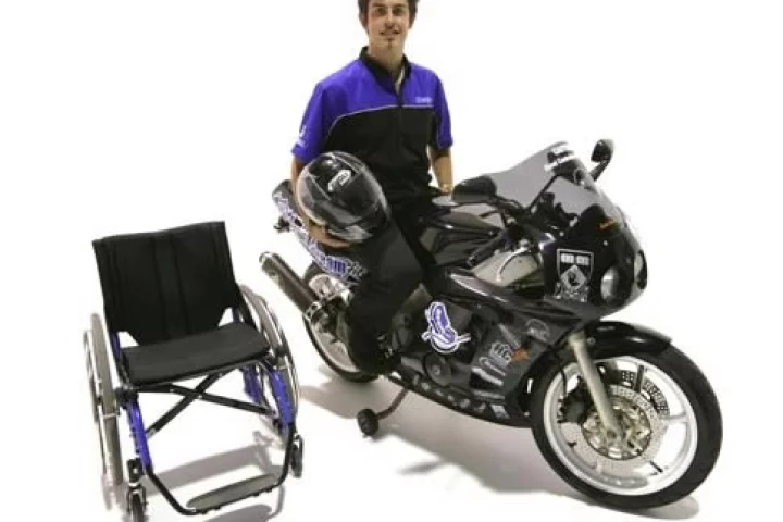 Darren Lomman aboard his prototype Dreamfit motorcycle for paraplegics.