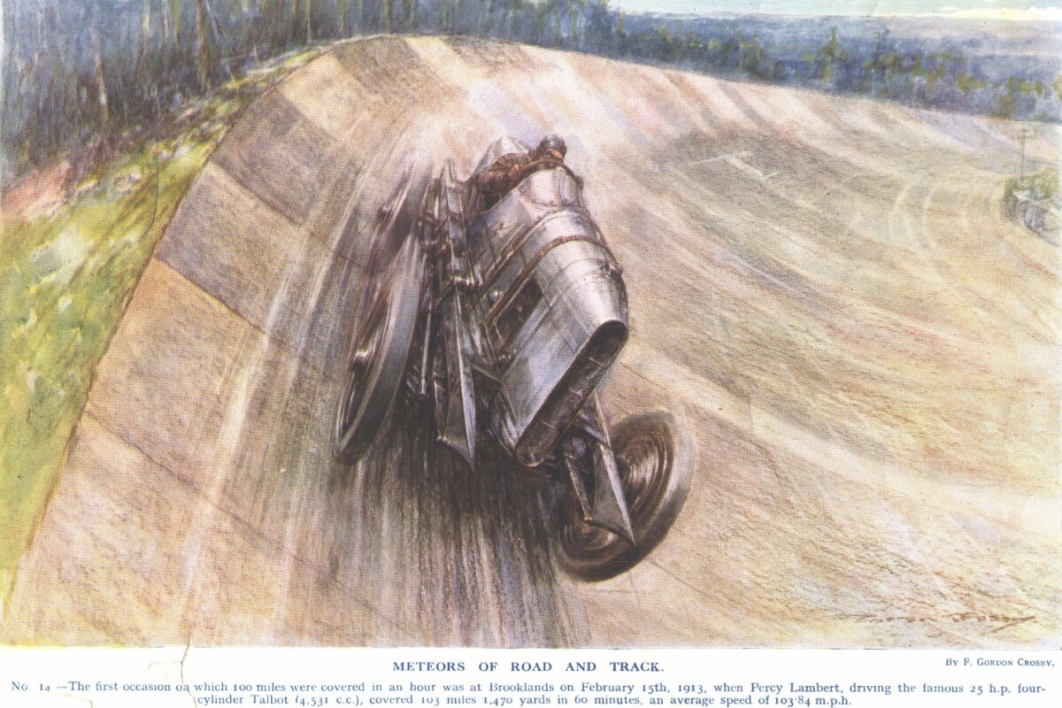 The first person to achieve 100 miles in an hour was Percy Lambert, on 15 February 1913, driving a 4.5 liter sidevalve Talbot reportedly producing 105 bhp at 2,500 rpm