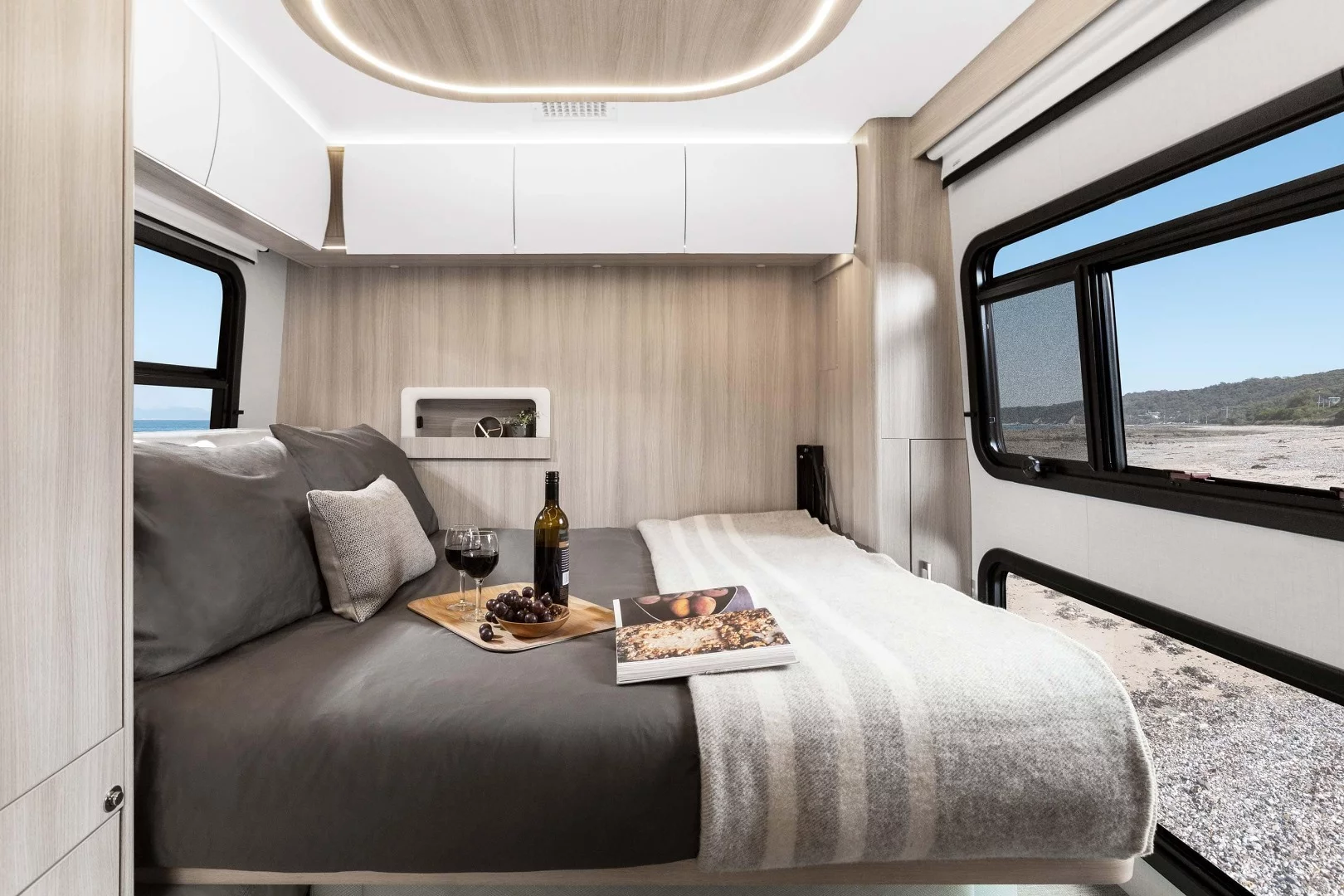 The Murphy bed folds down to face the double-window wall, so be sure to park with that wall facing the best view