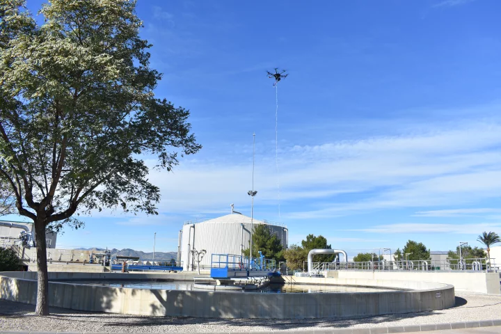 A drone uses the RHINOS (Real-time HIgh-speed e-NOSe) device to detect and measure foul-smelling gases at a wastewater treatment plant in southern Spain