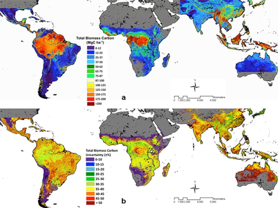 NASA's map shows carbon storage in tropical forests in 75m countries, and the level of certainty (Image: NASA)