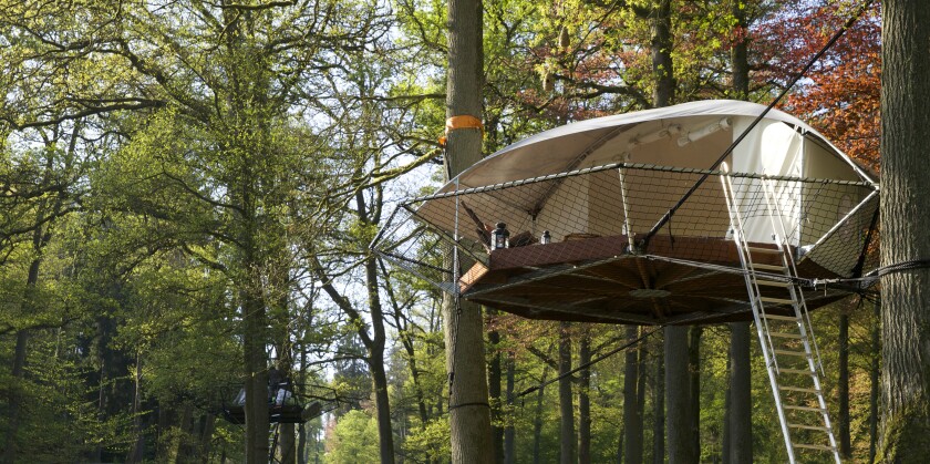 Dutch arboriculturist Bruno de Grunne and architect Nicolas d'Ursel from Trees and People have invented a new suspension style cabin called Dom'Up