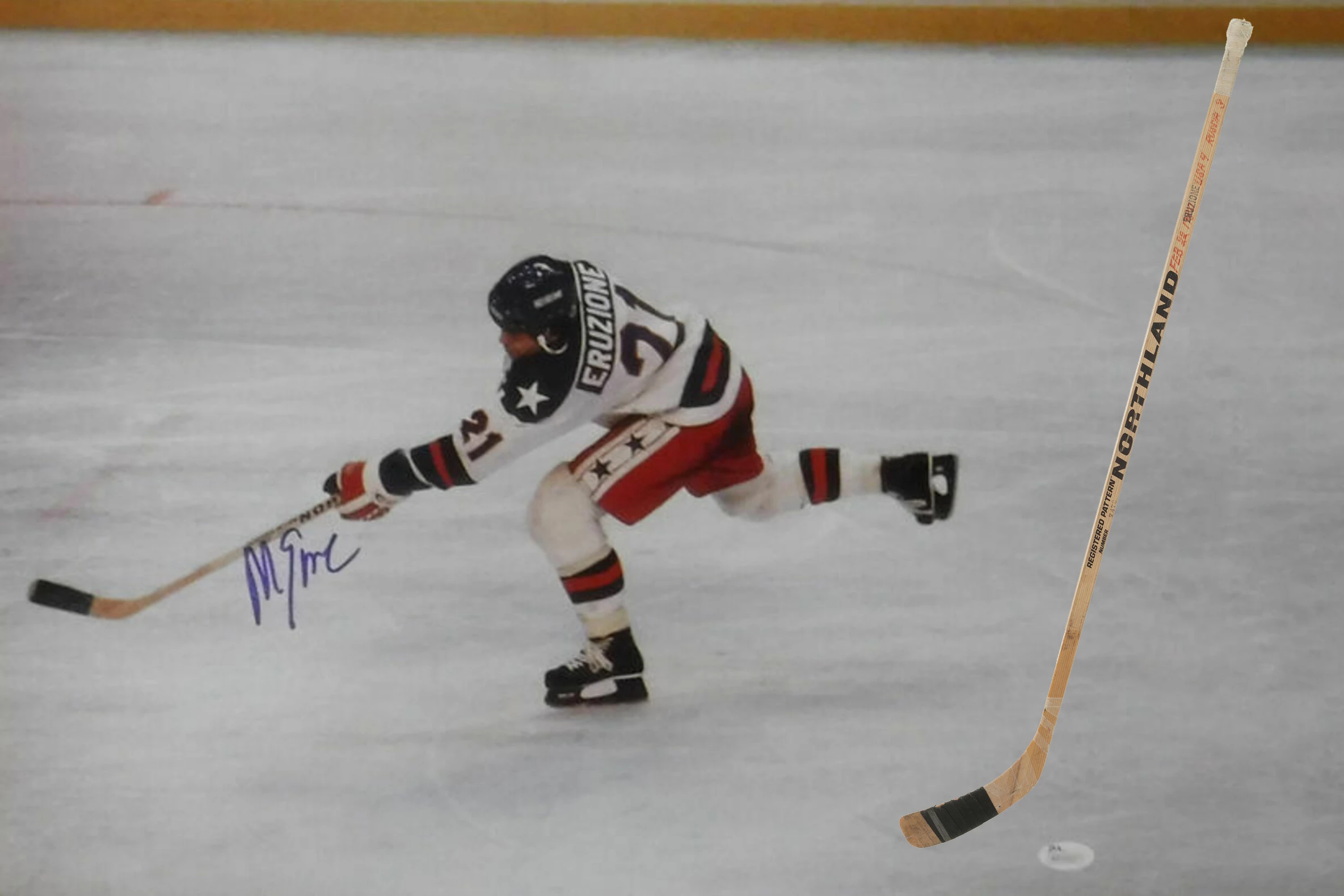 The most expensive hockey stick ever sold fetched $262,900 | Mike Eruzione in the pose that still brings goose-bumps to all those who have seen the footage. America sent a bunch of college kids against a hardened professional Russian team that had won everything in the preceding decade. Signed copies of this image are still sold at $100 apiece some four decades after the event.
