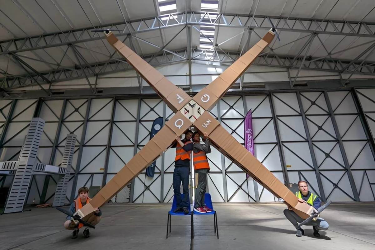 The University of Manchester team with its Giant Foamboard Quadcopter