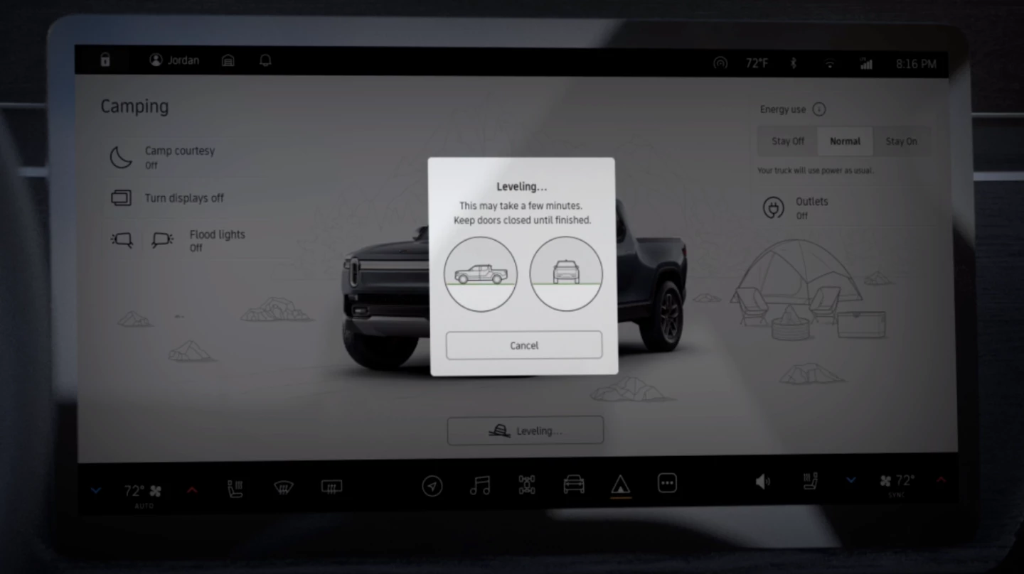 Rivian's auto-leveling feature can be accessed from the vehicle's center display