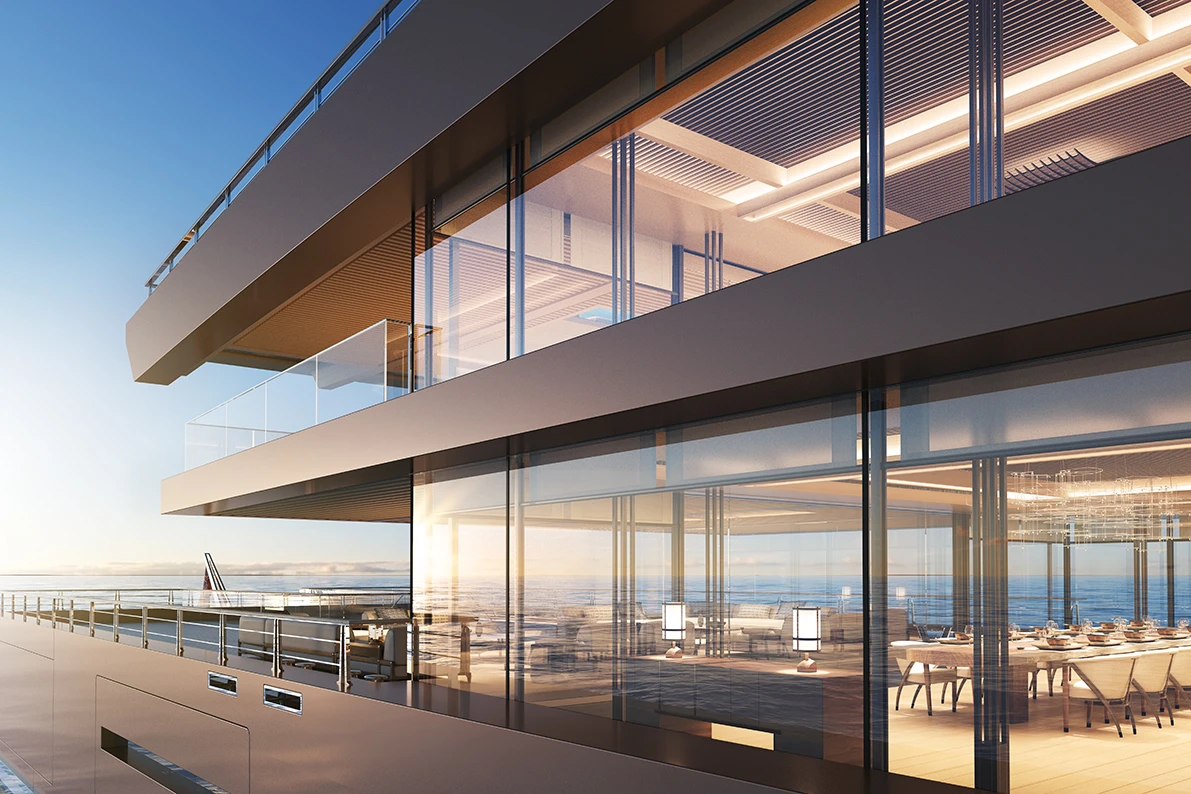 The Sinot design team used the geometrical lines of the yacht to harmonize the vessel with its marine environment