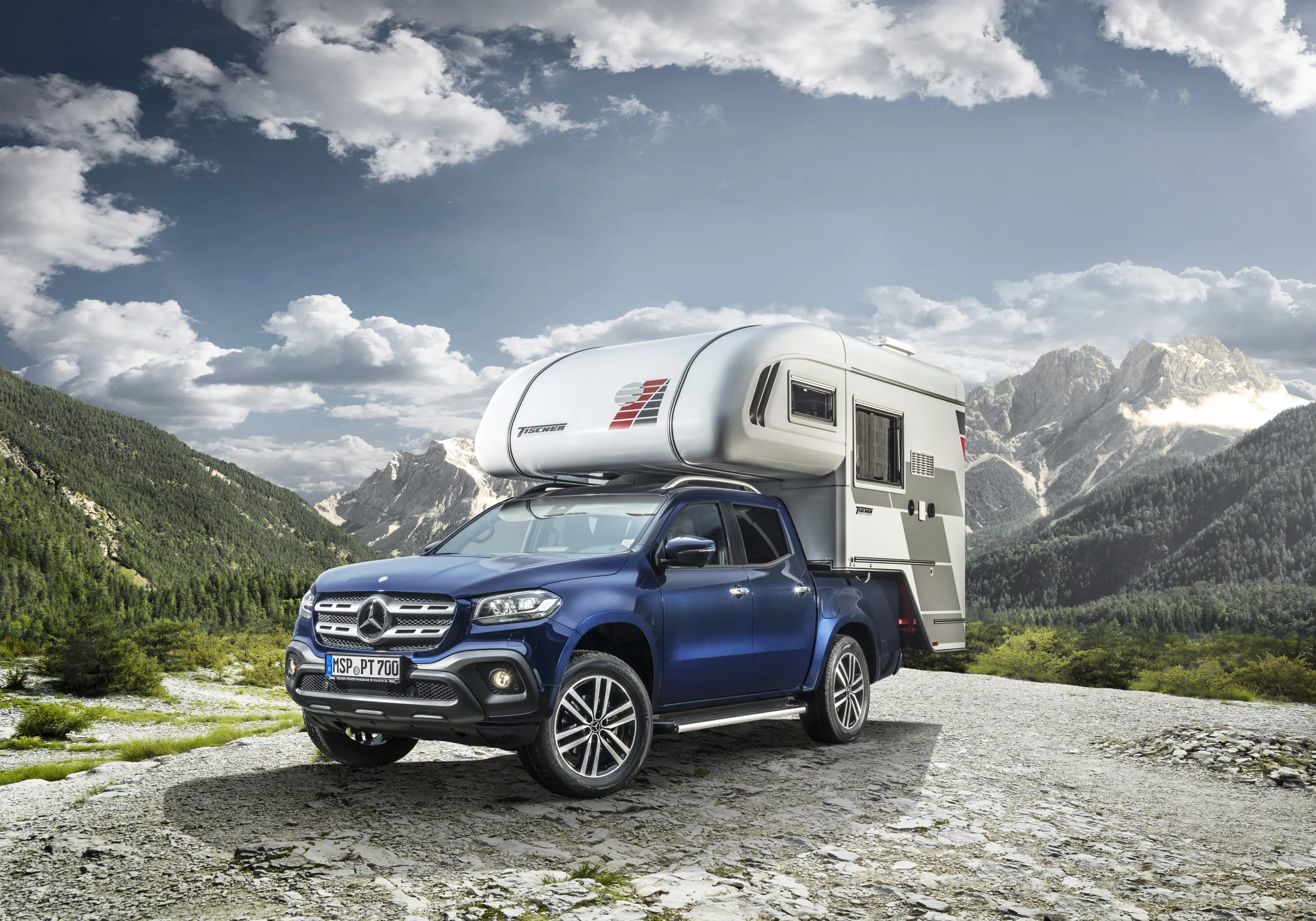 One of the two camper concepts Mercedes will show at CMT wears an alcove pickup camper from Tischer