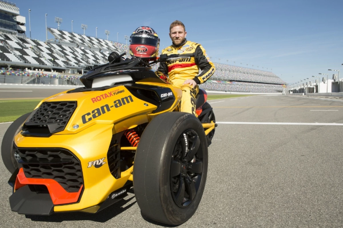 NASCAR Sprint Cup Series driver Jeffrey Earnhardt sits on the Can-Am Spyder F3 Turbo Concept Vehicle