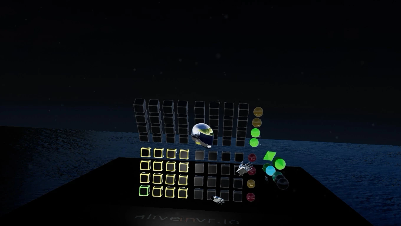 The AliveInVR user makes music by grabbing blocks, pushing geometric shapes, tapping out rhythms, taking control of the mix and even having a little dance