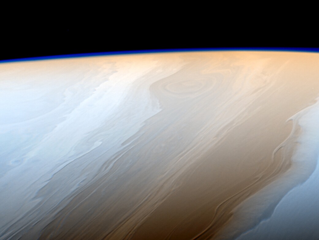 The stormy surface of Saturn shown in this false color image from Cassini