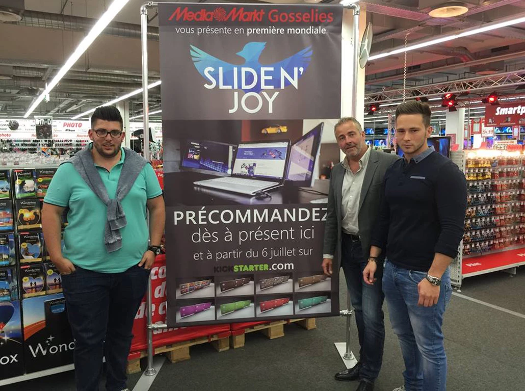 Slidenjoy creators Charlee Jeunehomme, Laurent Wéry and Thomas Castro