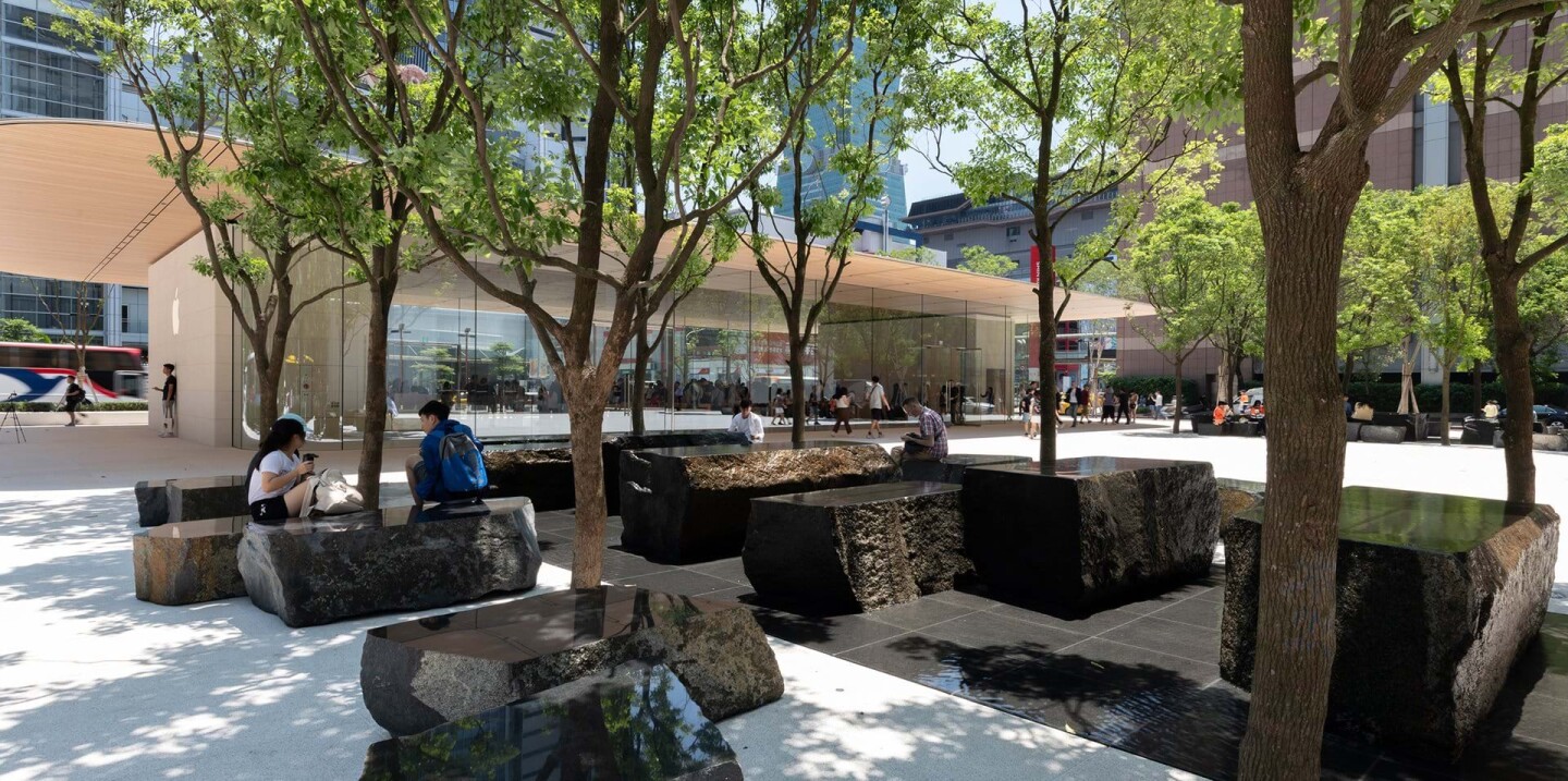 Apple Xinyi A13's public plaza includes integrated misting jets to cool visitors