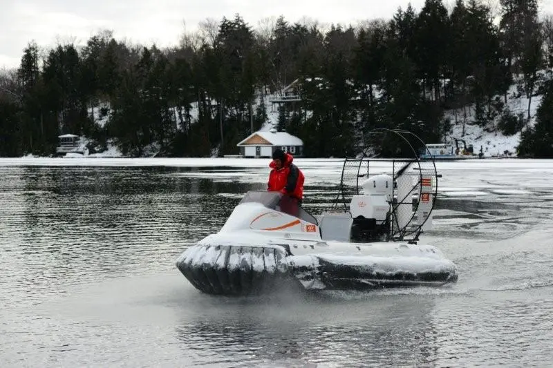 The AirRider hovercraft traveling over open water and ice