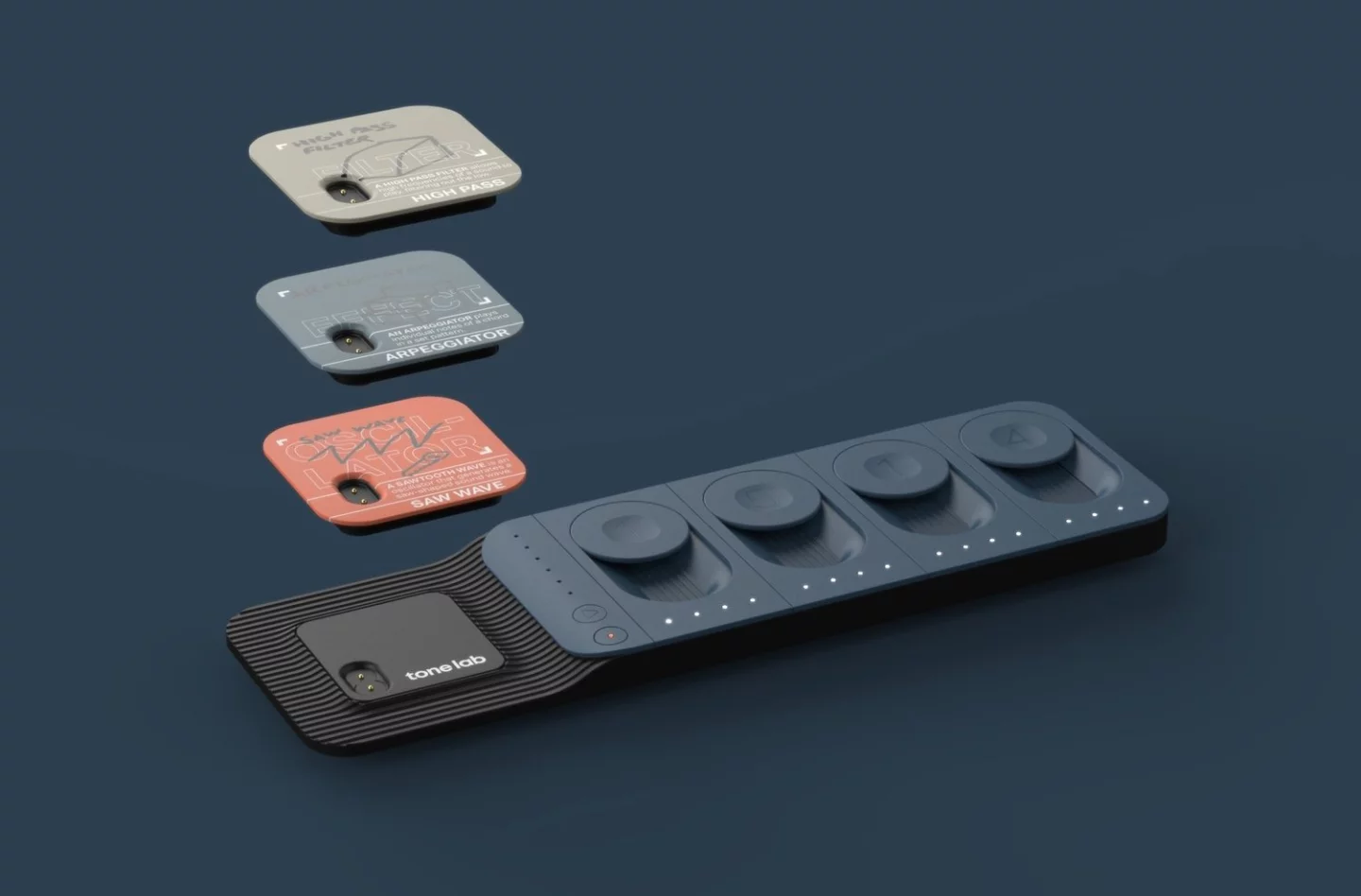 Sound generator modules include effects like reverb and delay, sine/square/sawtooth wave oscillators and filters, and arpeggiators