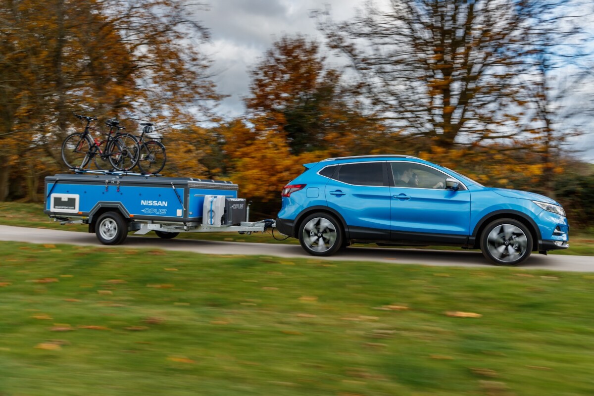 Opus offers a variety of trailer specs; this one is its inflatable Air Opus with off-road tires and a gear rack up top