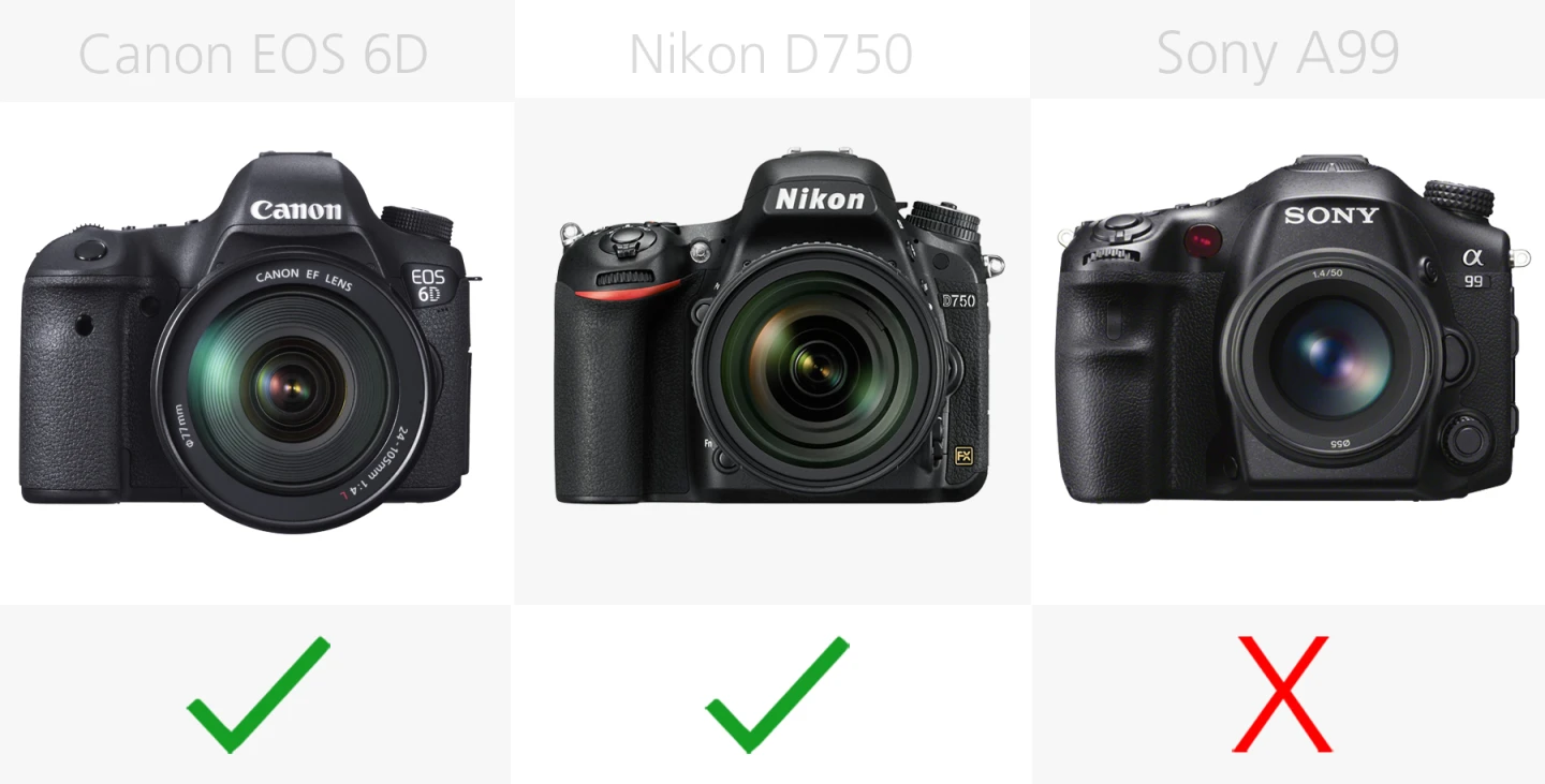 Full frame DSLR built-in Wi-Fi comparison Canon EOS 6D, Nikon D750, Sony A99