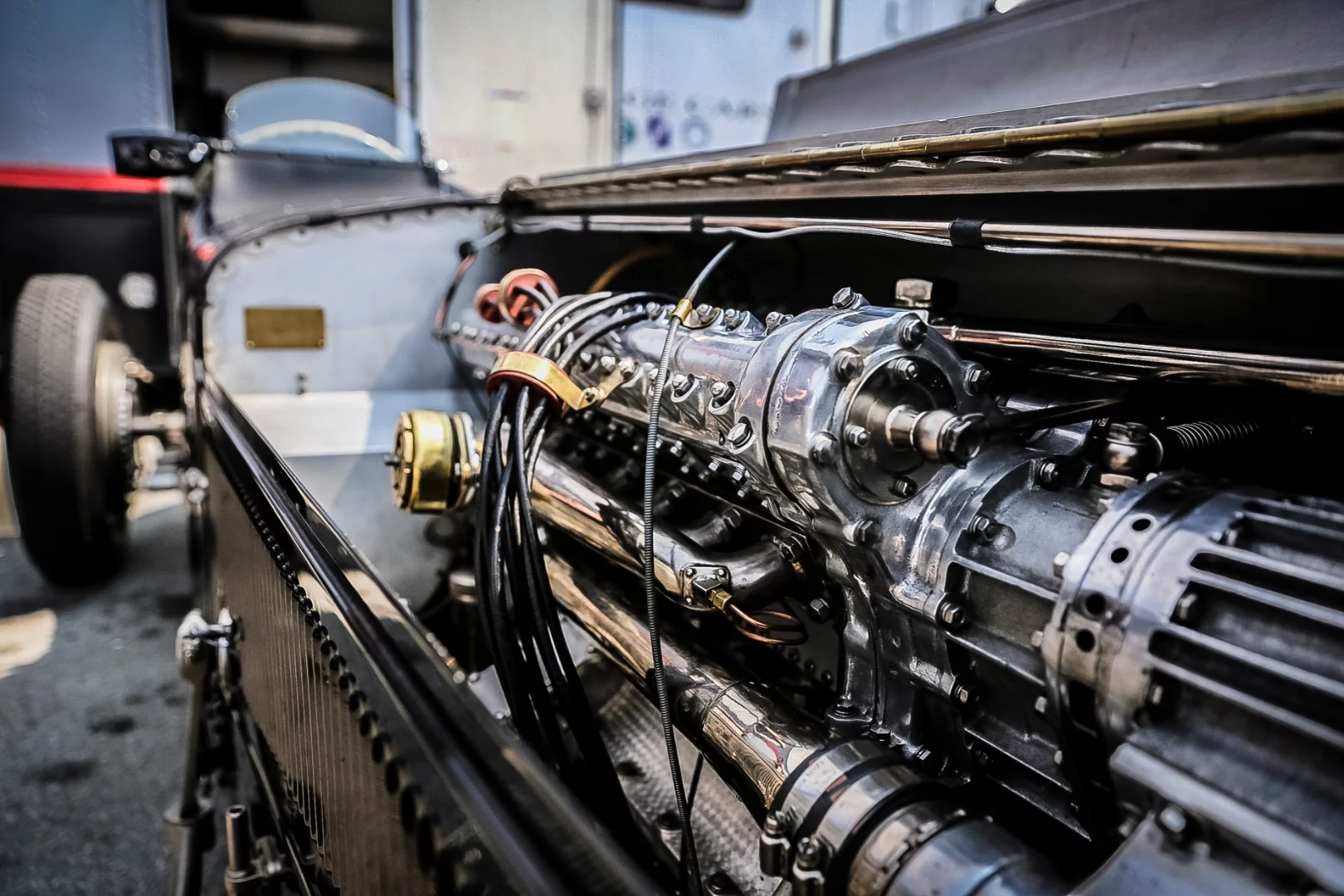 Inside the engine bay of one of the 1920-30s era racers
