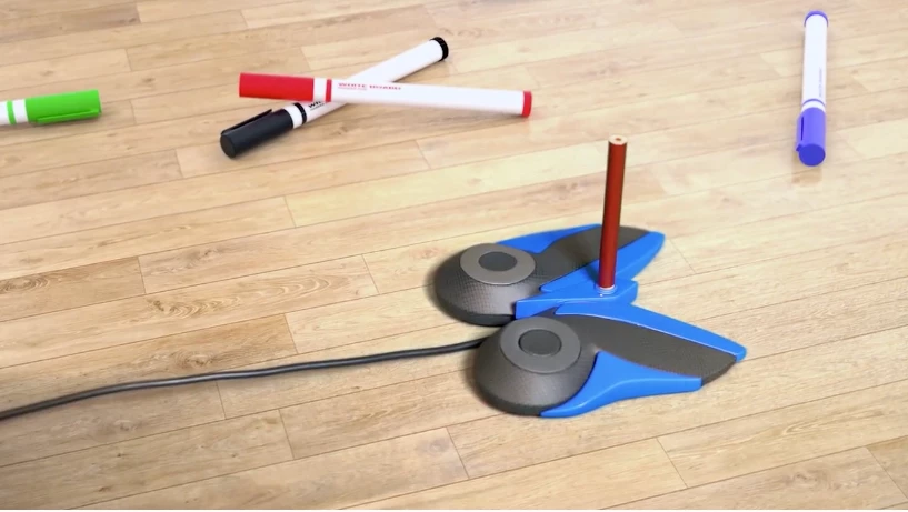 The setup works with third-party pens/pencils, and is powered by a nearby electrical outlet