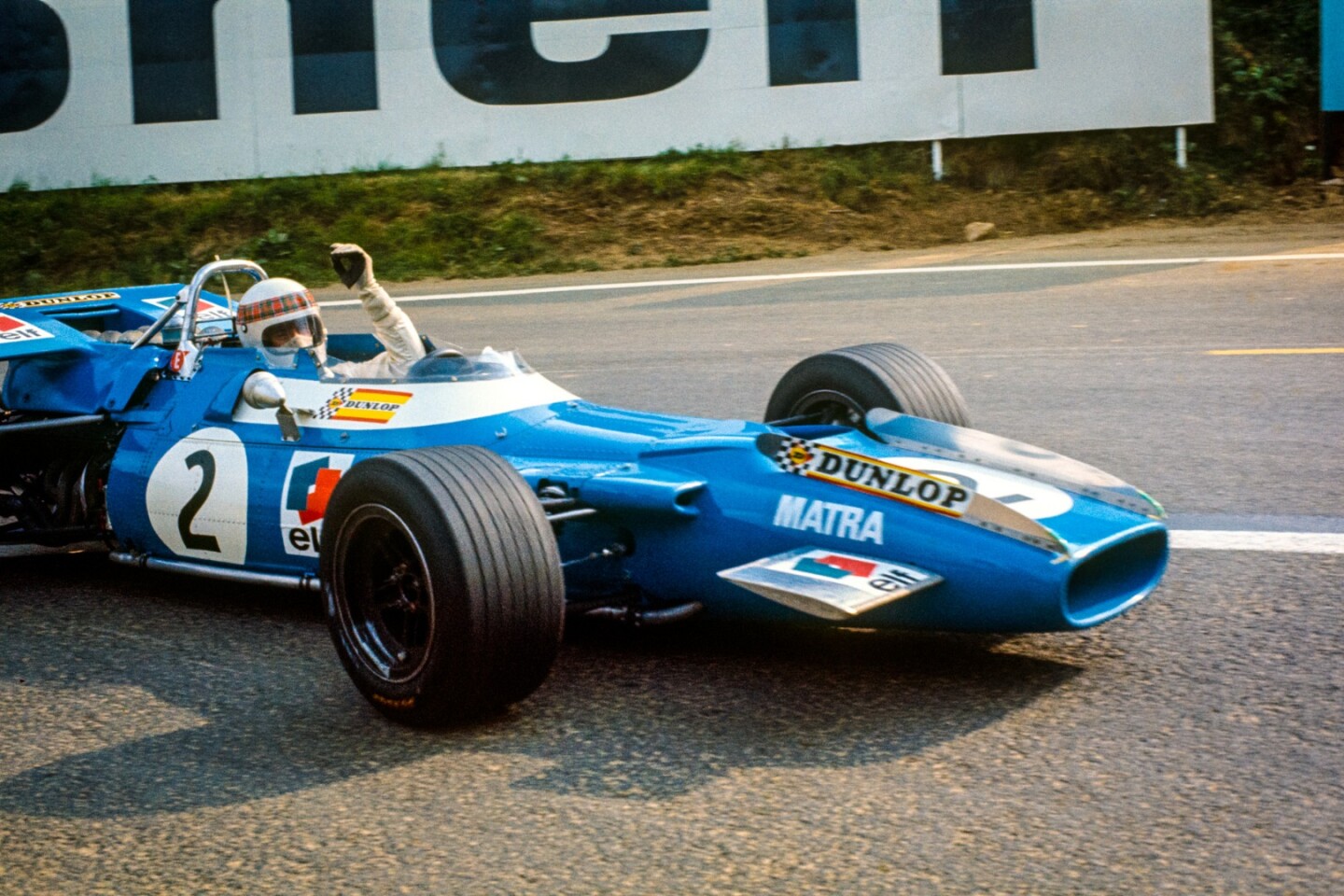 Jackie Stewart winning the 1969 Formula One title. The Tyrell Matra is the only French car to have won a world Formula One Championship and in 1969 achieved another first when a four-wheel-drive version scored a sixth place, becoming the only F1 car with AWD to score points.