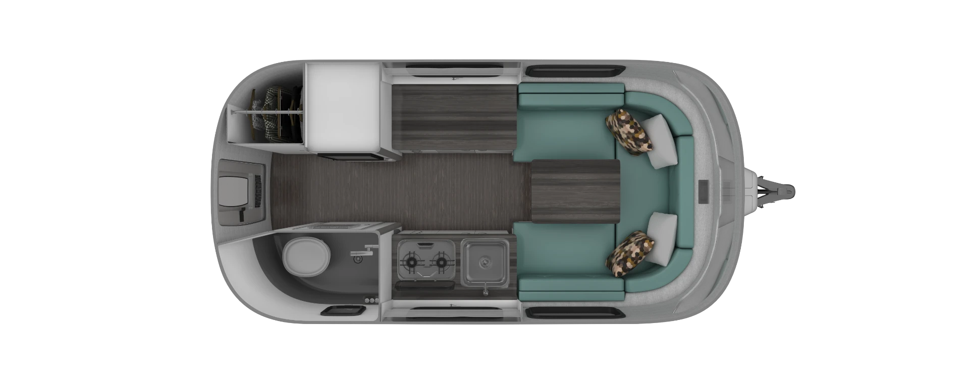 The 16U floor plan has a convertible U-shaped dinette and a worktop across from the main kitchen block