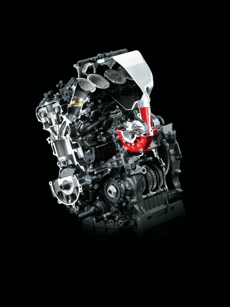 The supercharged four-cylinder powerplant of the Kawasaki H2R superbike delivers 300 hp madness