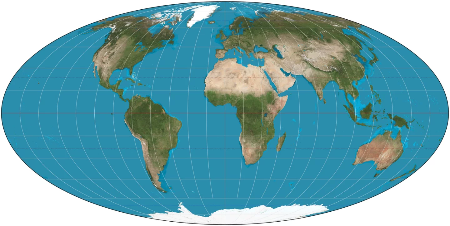 The Mollweide projection abandons the idea of a rectangular map in order to try to keep proportions correct