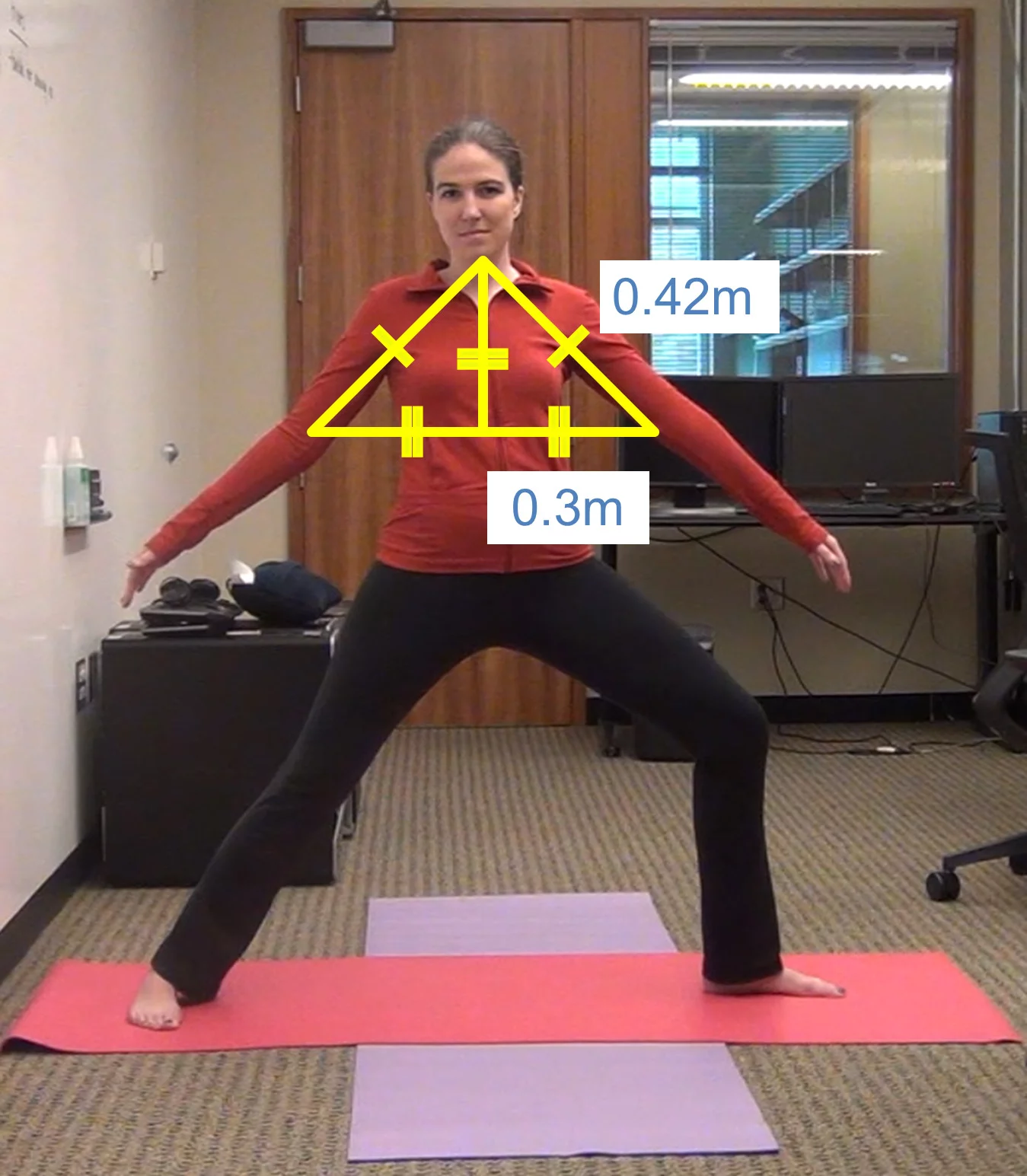 Using geometry, the Kinect reads an incorrect Warrior II yoga pose that is outlined showing angles and measurements (Photo: Kyle Rector, UW)