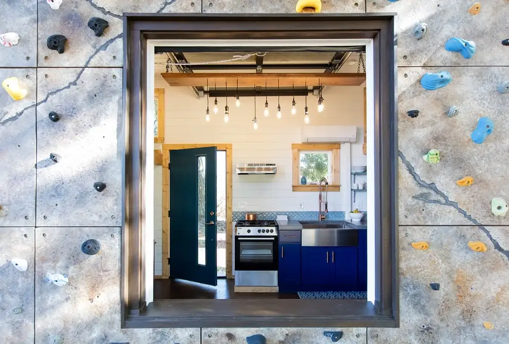 View inside the Tiny Adventure Home from the garage-style door