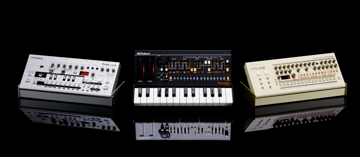 The Boutique Series from Roland comprises the TB-03 bass line synth (left), the VP-03 vocoder (center) and the TR-09 rhythm machine (right)